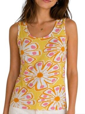 Marimekko Floral Tank Womens Large Retro Sleeveless Cotton Open Back Pink Yellow